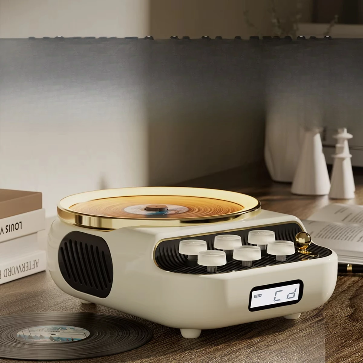 مشغل أقراص مضغوطة بنظام موسيقى 4 في 1 محمول من Kuang Xiang مع مكبر صوت بلوتوث وراديو FM وصمام ثنائي باعث للضوء وإضاءة ليلية