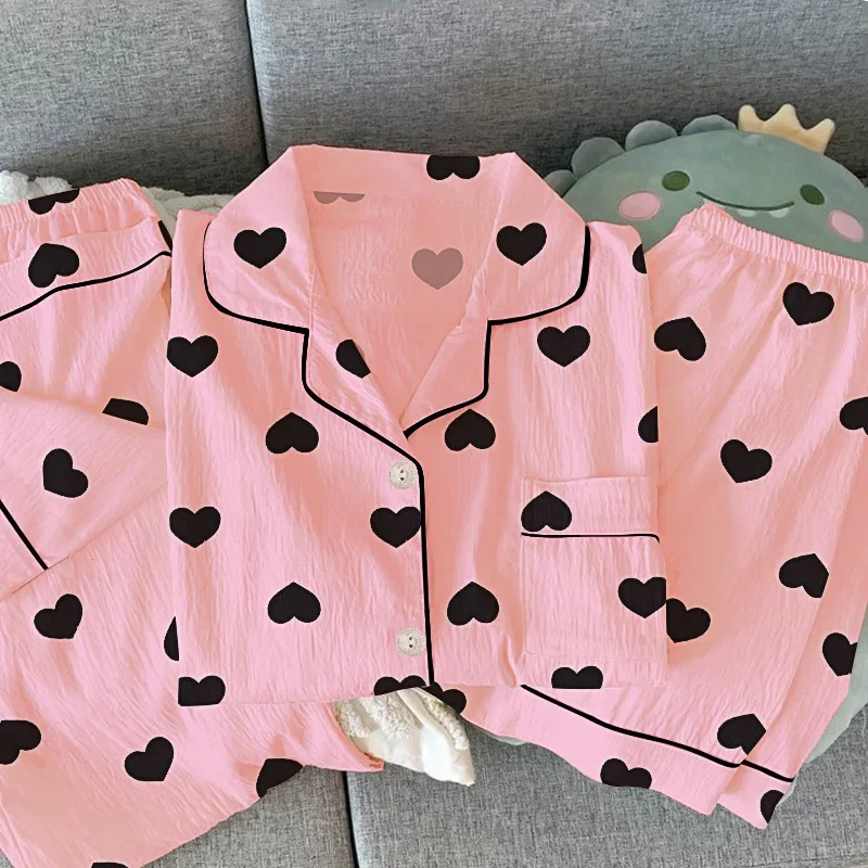 しわ加工の生地のパジャマ 春スタイル 可愛い 女の子らしい ストライプ柄 長袖 韓国風 カジュアル ホームウェアセット