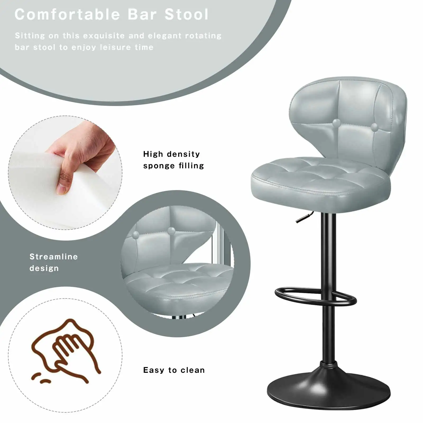 مجموعة مقاعد البار مكونة من 4 قطع، كراسي دوارة بارتفاع قابل للتعديل مع مسند ظهر، مقاعد جزيرة المطبخ من جلد البولي يوريثان لبار المنزل