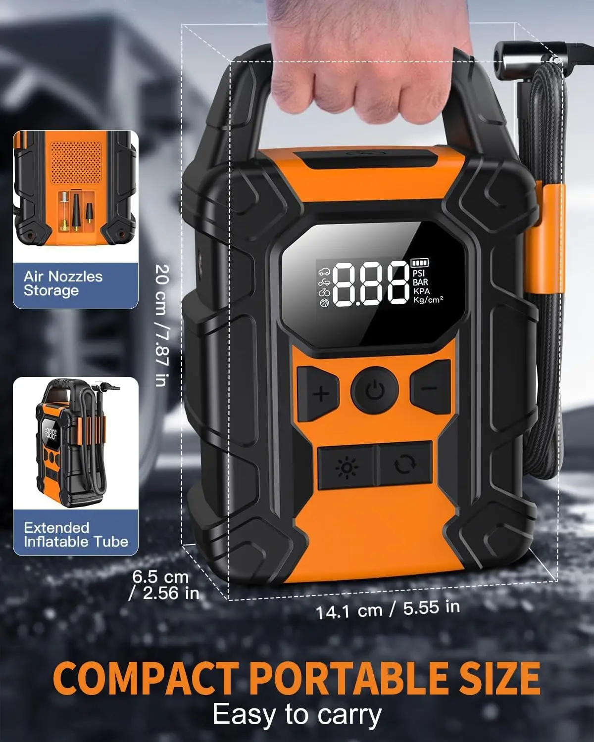 ポータブルタイヤインフレーター、車、バイク、オートバイ用の150PSIエアポンプ、ゲージLEDライト付き充電式