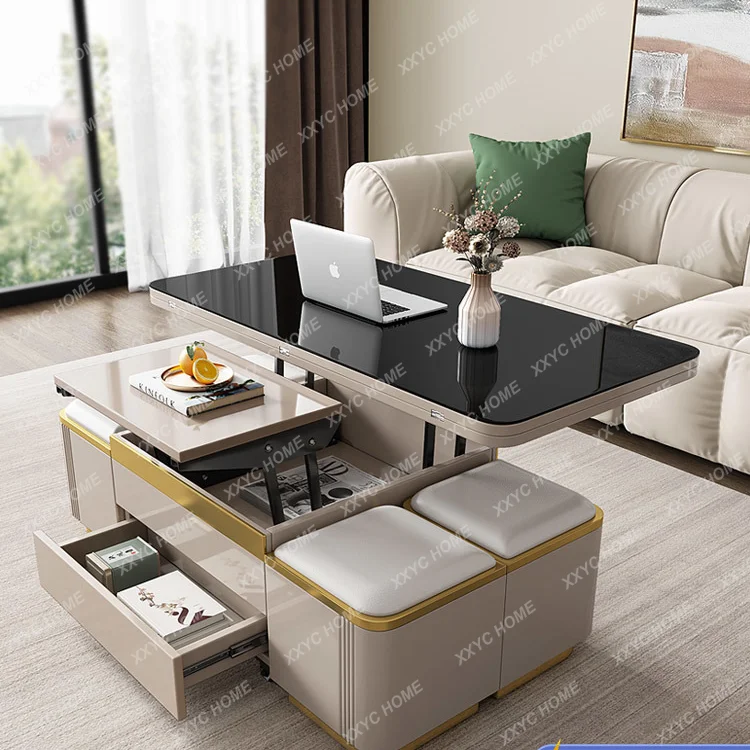 Multifunctional Coffee Table Dual-Use Foldable and Hoisting Coffee Table with Desk Cream Style Living Room