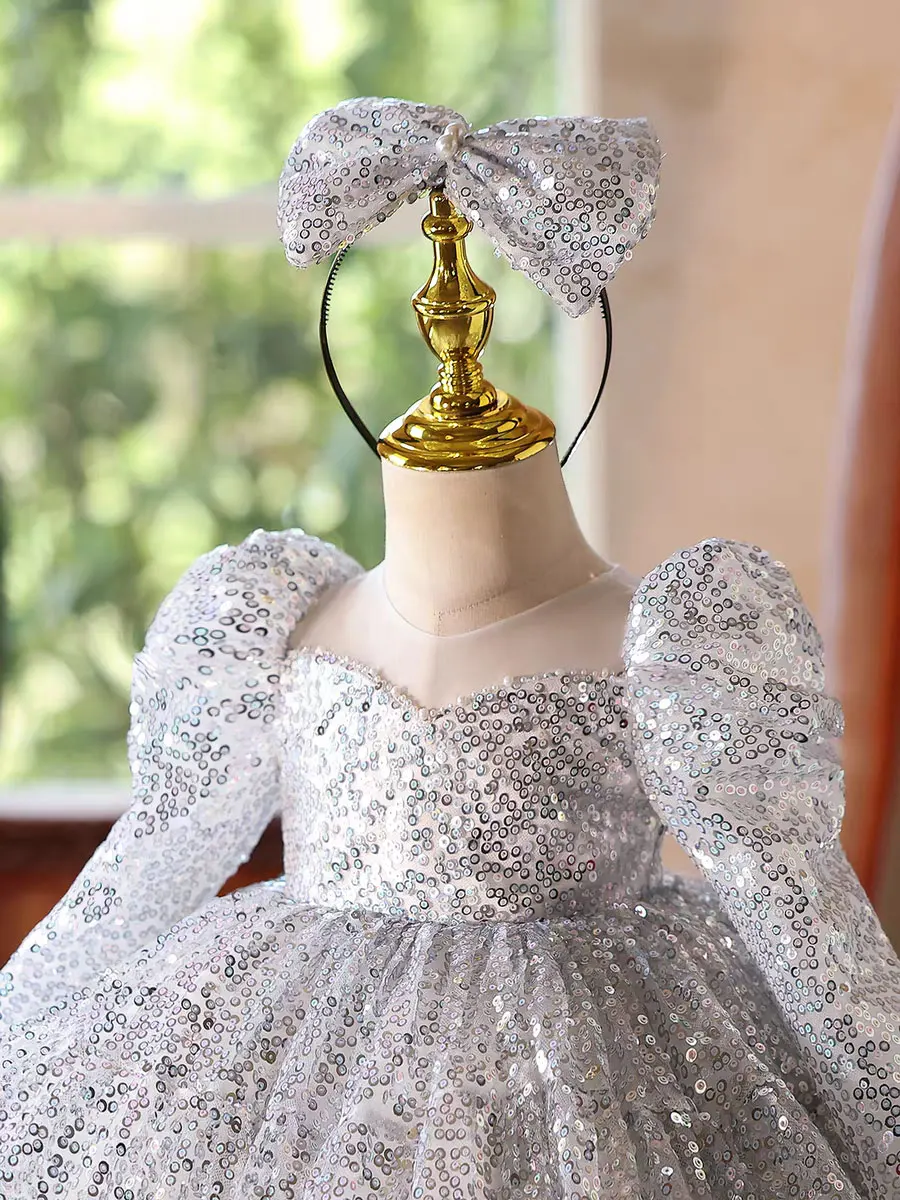 Dromerige gelofte D185 Sparkly bloemenmeisjesjurk met lange mouwen prinses kinderen bruiloft verjaardag festival feest knielengte formele jurk