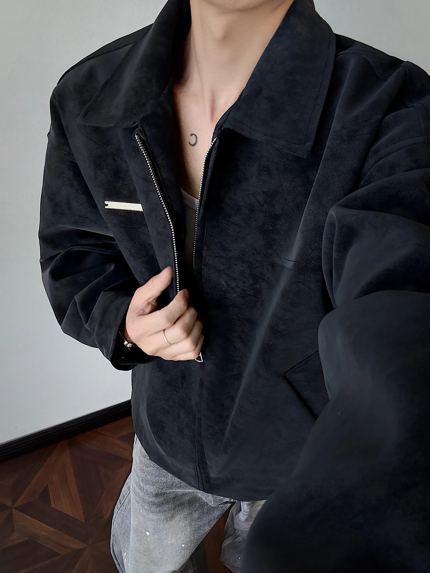 

Cleanfit Men's ort Tailored Leather Jaet Dyeing American Sle Vintage Workwear Outerwear Windproof Zipper Closure