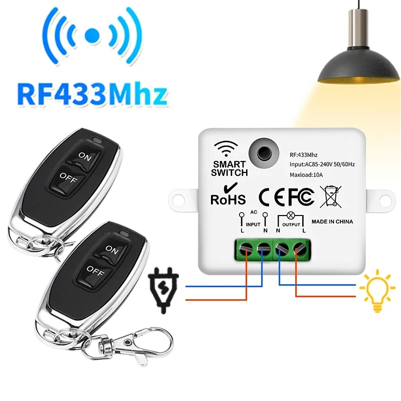 

RF433MHz Wireless Remote Control Light Switch 10A Relay Receiver With ON/OFF Transmitter Wall Panel Switch For Led Lighting