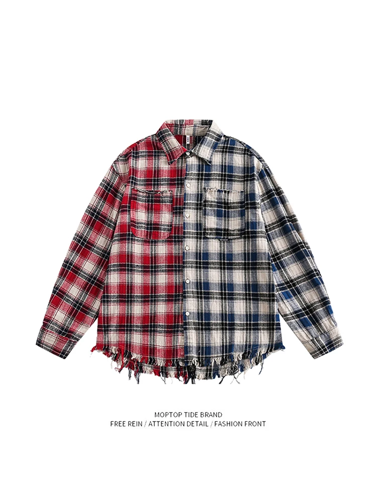 

Loose Fit Plaid Color Blo Long Sve irt Mr. WH American Sle Tassel Design Casual Youthful Polyester Fiber Spring Autu...