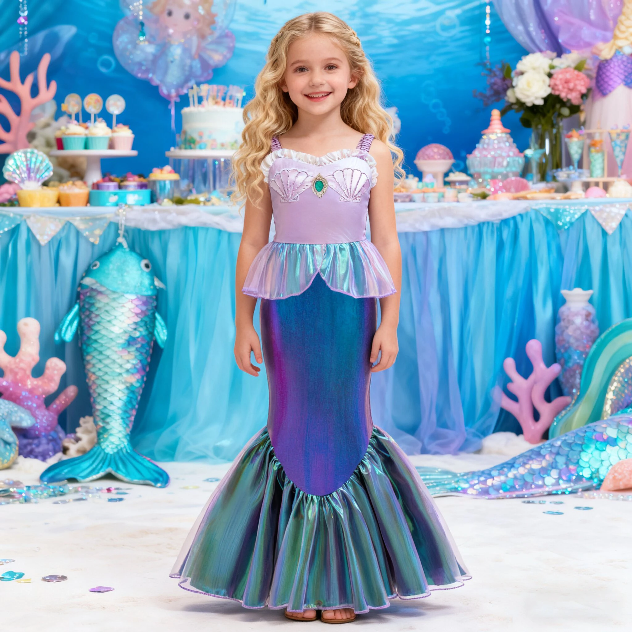 Little Mermaid Ariel Cosplay Dress for Girl Carnival Halloween Costumes Elegant Birthday Princess Girls Dress Mermaids Prom Gown