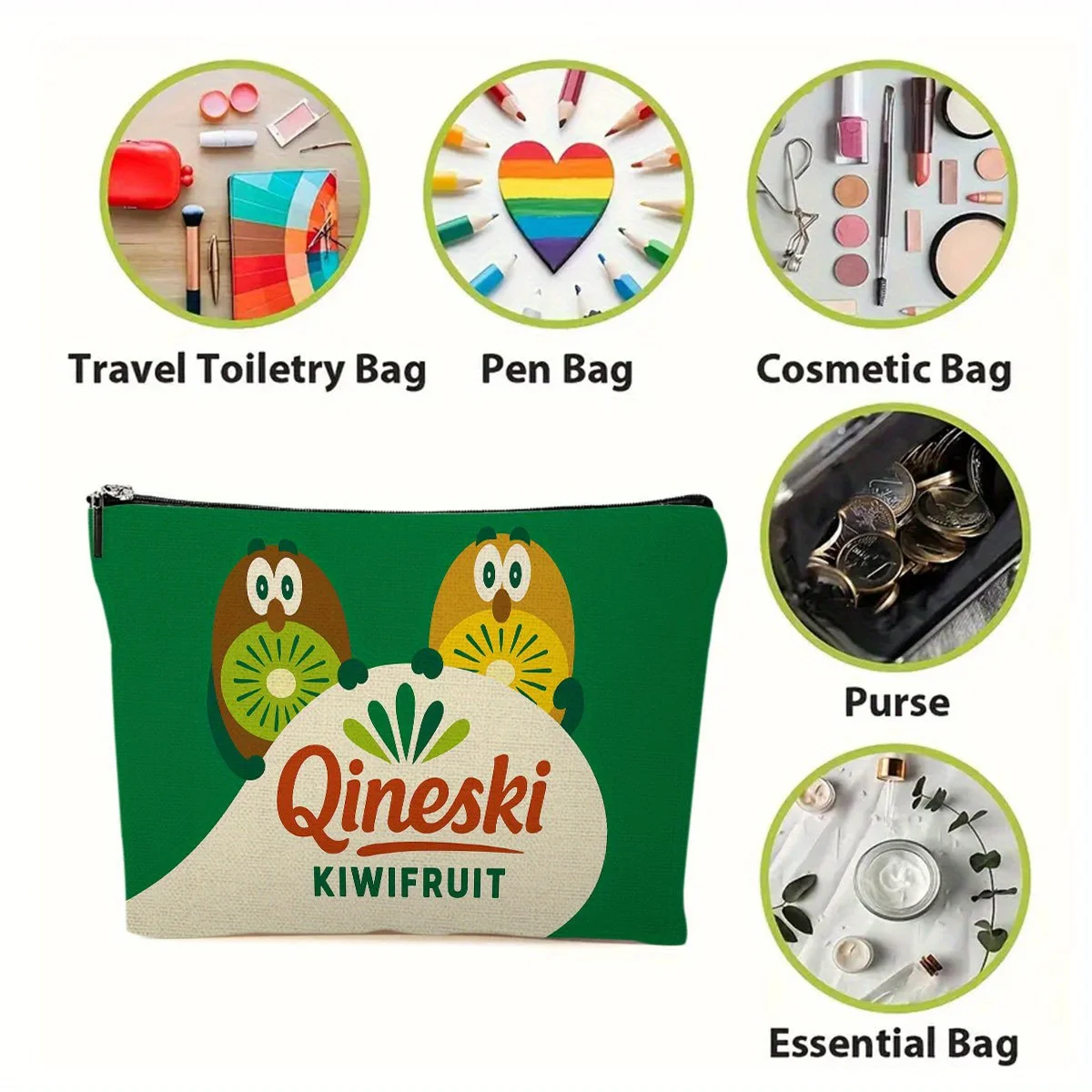 Un sac de maquillage Kiwi amusant – Jolie pochette multifonctionnelle à fermeture éclair pour femmes, sac de rangement de bijoux