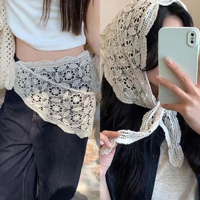 Trendy Lace Hollow Out Triangle Hair Scarf Headband Women Girls Mini Skirt Y2K Hip Curtain Waist Chain Waist Accessories