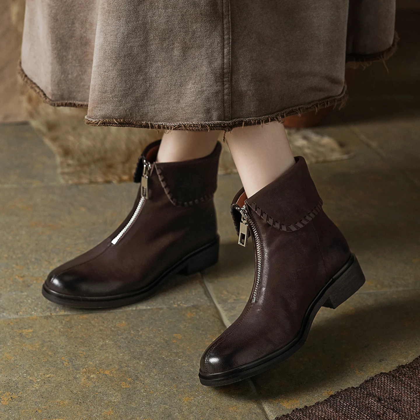 New Ankle Boots for Women Soft Leather Chic Low Heel Booties Female Front Zipper Casual Shoes Women Autumn Zapatos De Mujer