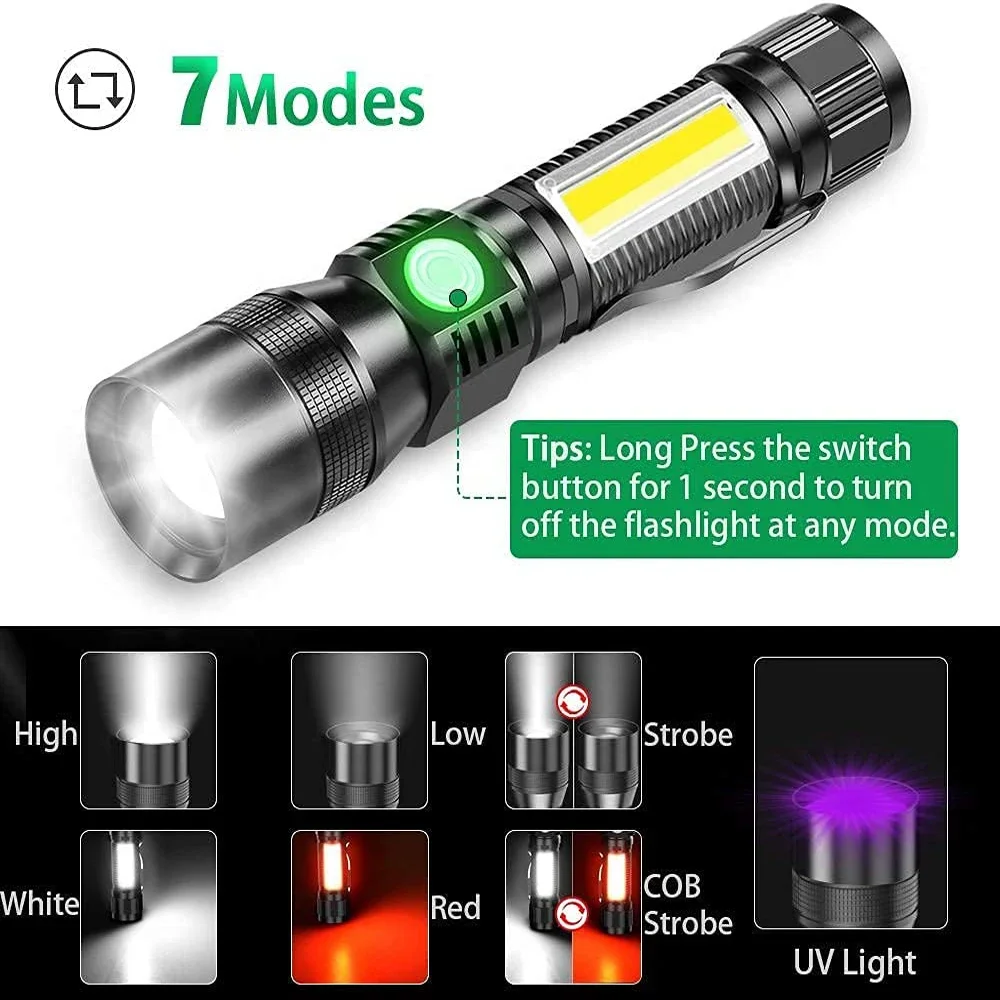 Powerful 3in1 LED Flashlight 365NM UV Light Flashlight Rechargeable Zoom Torch Pets Urine Stains Black Light Ultraviolet Lamp