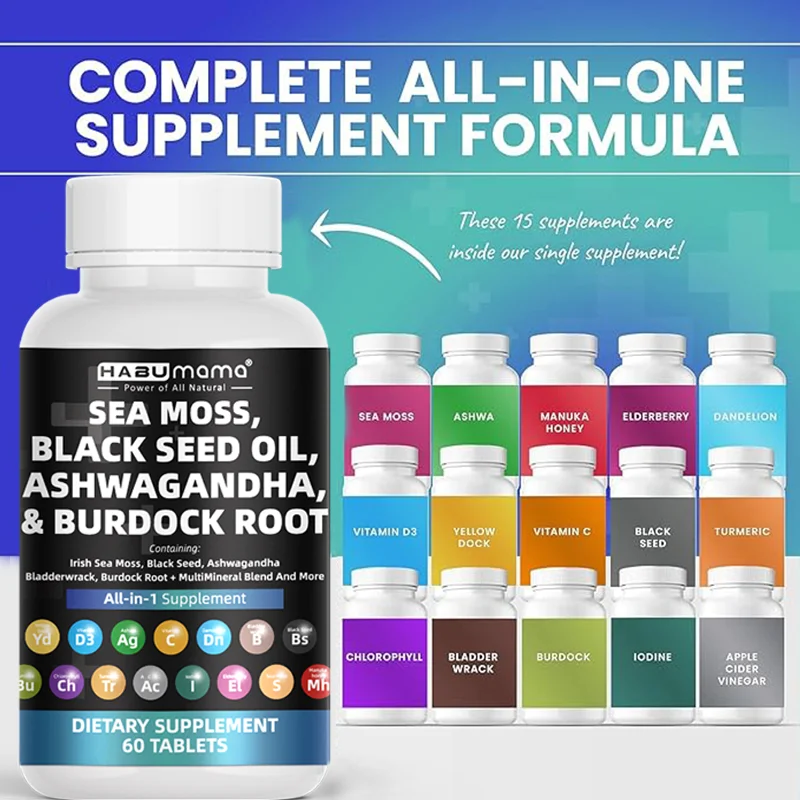 Sea Moss Black Seed Oil 2000mg Ashwagandha 1000mg Turmeric 1000mg Bladderwrack 1000mg Burdock & Vitamin C & D3 Men Supplement