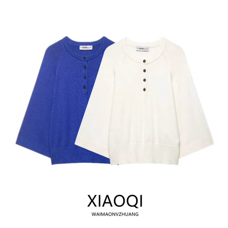 Spring 2026 Women's Versatile round Neck Flat Needle Seven Sleeve Knitted Sweater Loose Fit Casual Style Knitted Seven Sleeve...