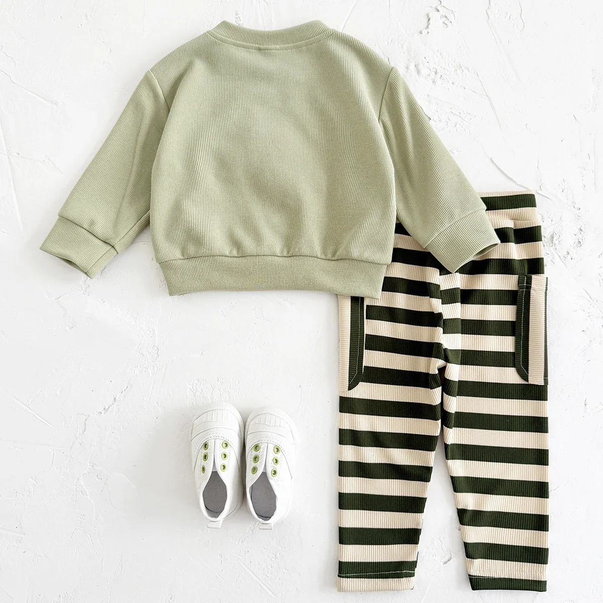 Toddler Unisex Baby Mango Clothes Set Round Neck Embroidery Sweatshirt Elastic Waist Striped Pants Knit Outfit For Spring Daily