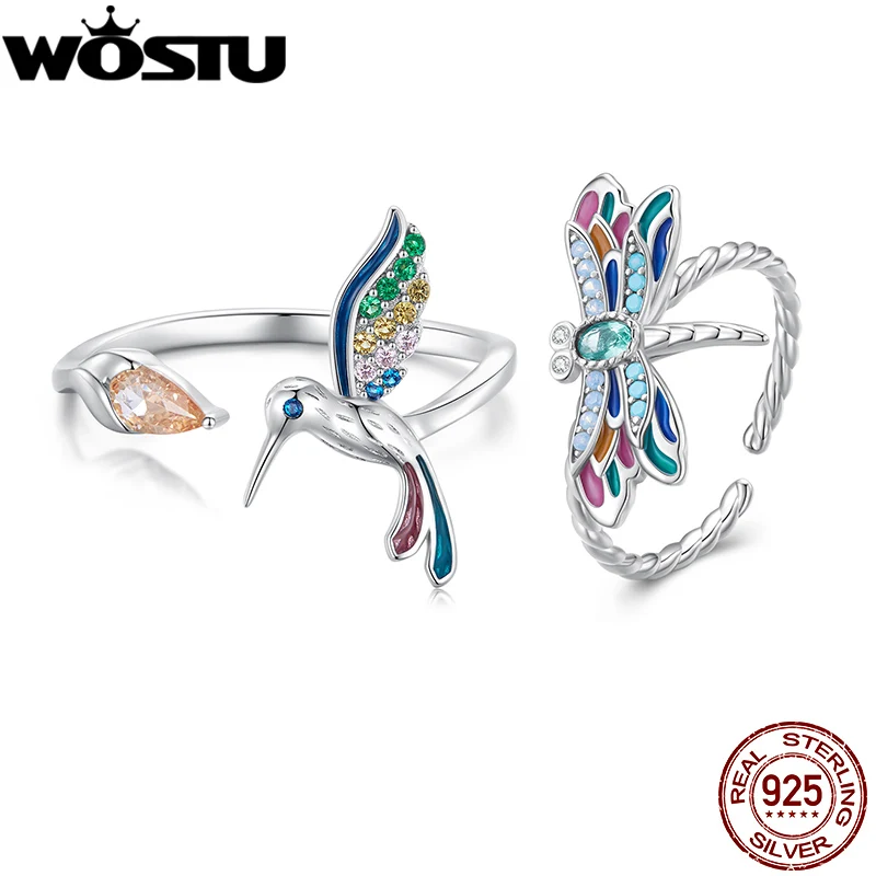 WOSTU 925 Sterling Silver Spring Jewelry Rainbow Hummingbird Open Rings For Women Dragonfly Zircon Ring Girl Birthday Party Gift