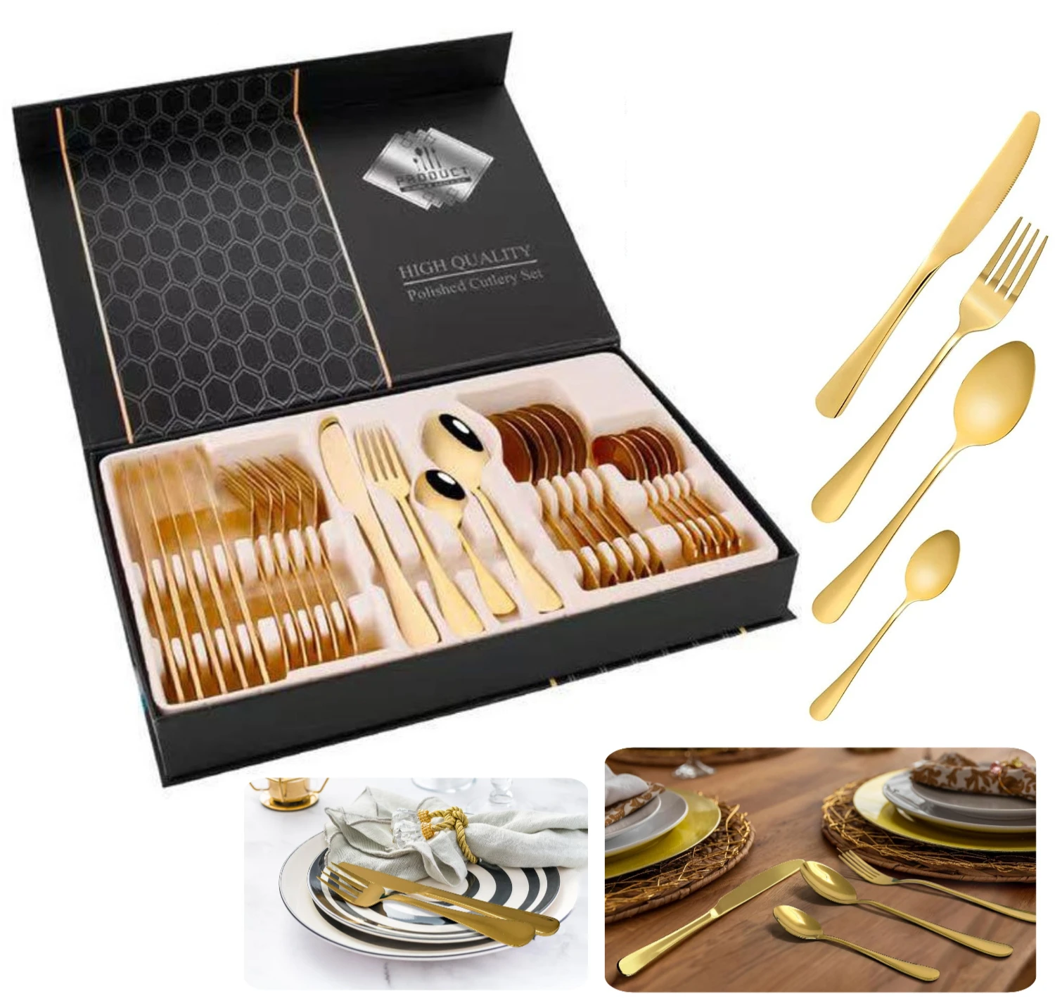 24PCS Gold Stainless Steel Flatware Set Service Cutlery Utensils Knife Fork Spoon Dinnerware Tableware Home Wedding Restaurant