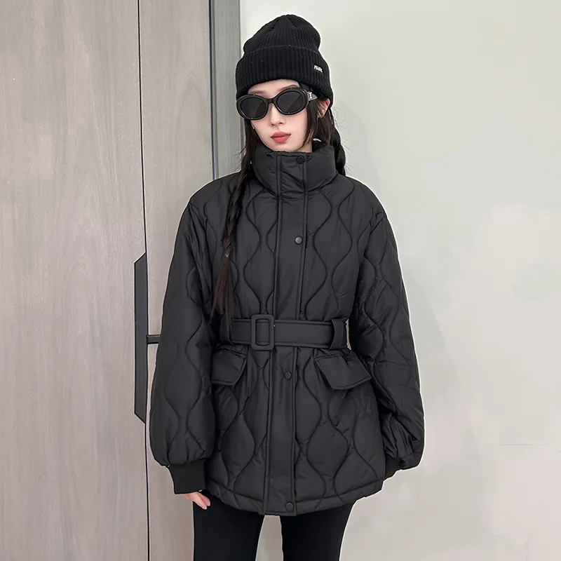 Cotton Coat Parkas Jackets Women Winter Belt Stand Collar Single Breasted Windproof Outwear Thicken Warm Overcoat Office Lady