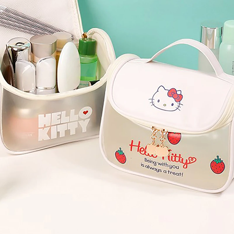 Cute Hello Kitty PVC Makeup Bag for Women Portable Large Capacity Kawaii Cosmetic Bag Fashion Luxury Brand Waterproof