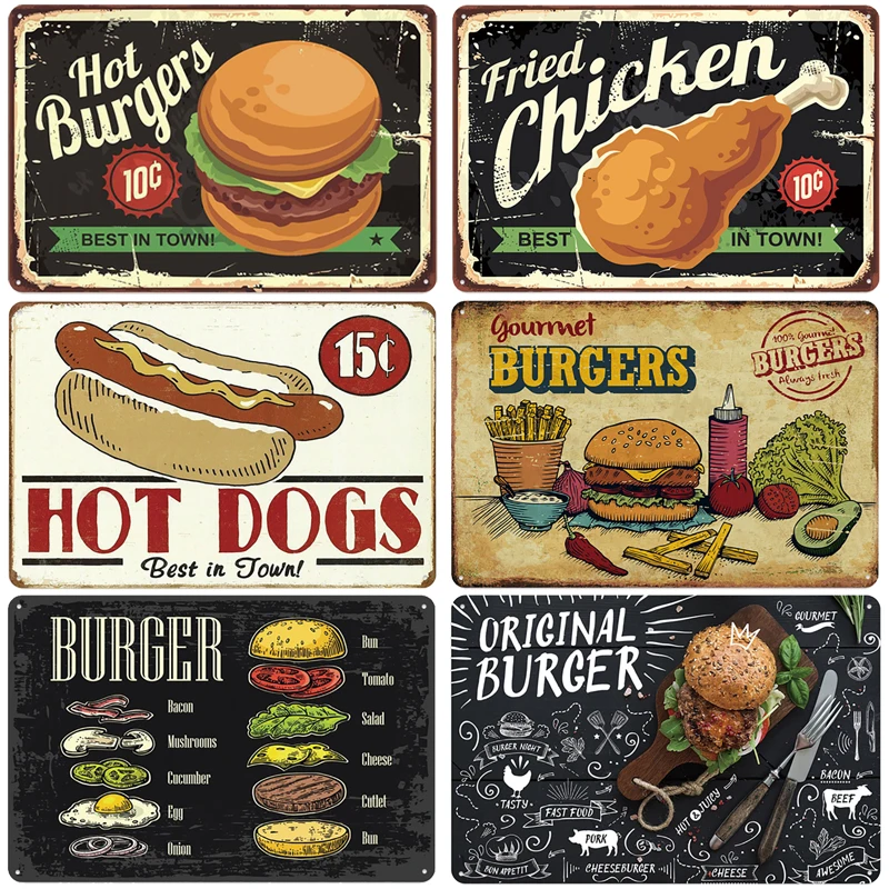 Hot Burgers Plaque Metal Tin Sign Vintage Poster Fried Chicken Retro Plate Wall Decor for Kitchen Restaurant Shop