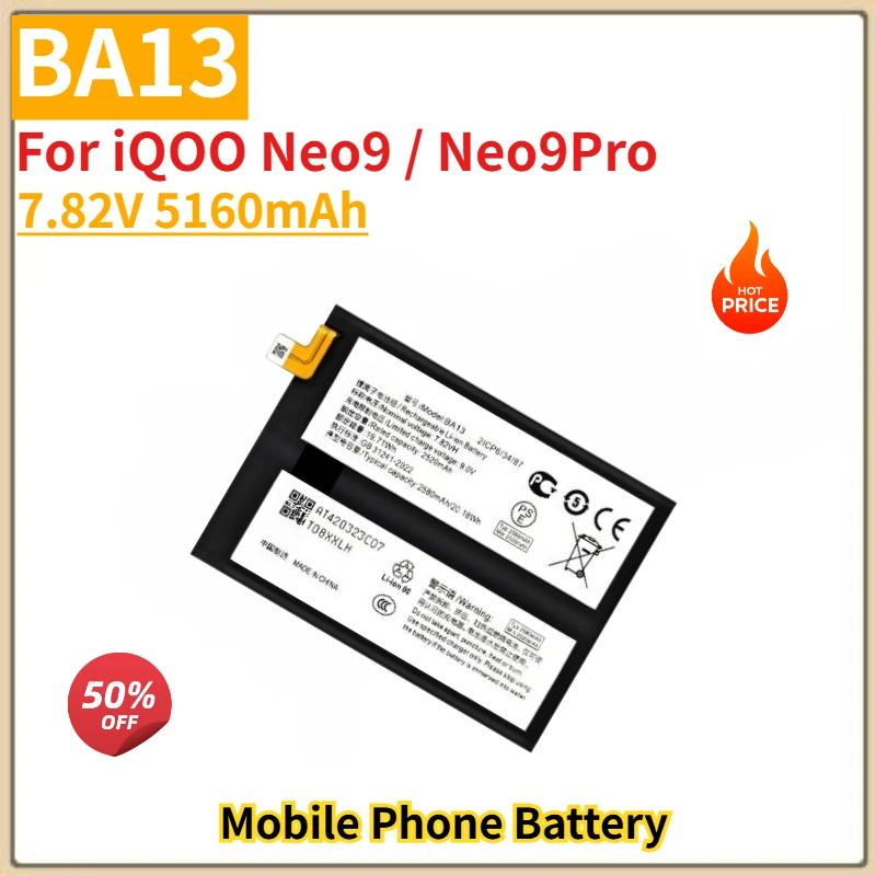 High Quality BA13 Phone Battery 7.82V 5160mAh For iQOO Neo9 / Neo9Pro Brand New Replacement Battery