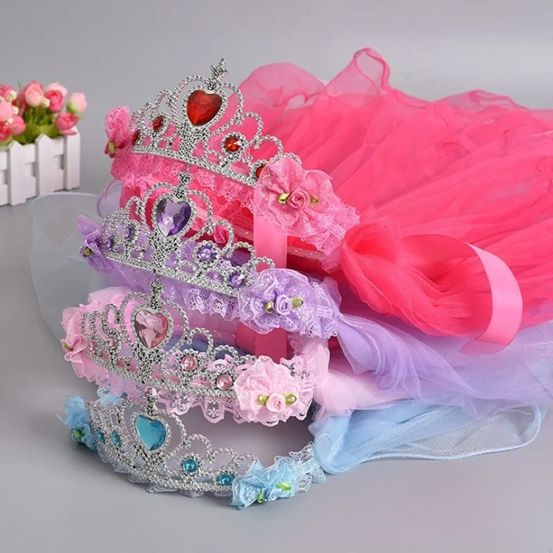 Girls Princess Dress Up Luminous Crown Lace Veil Fairy  Creative Prom Hair Ornaments Wedding Head Jewelry Accessories Props