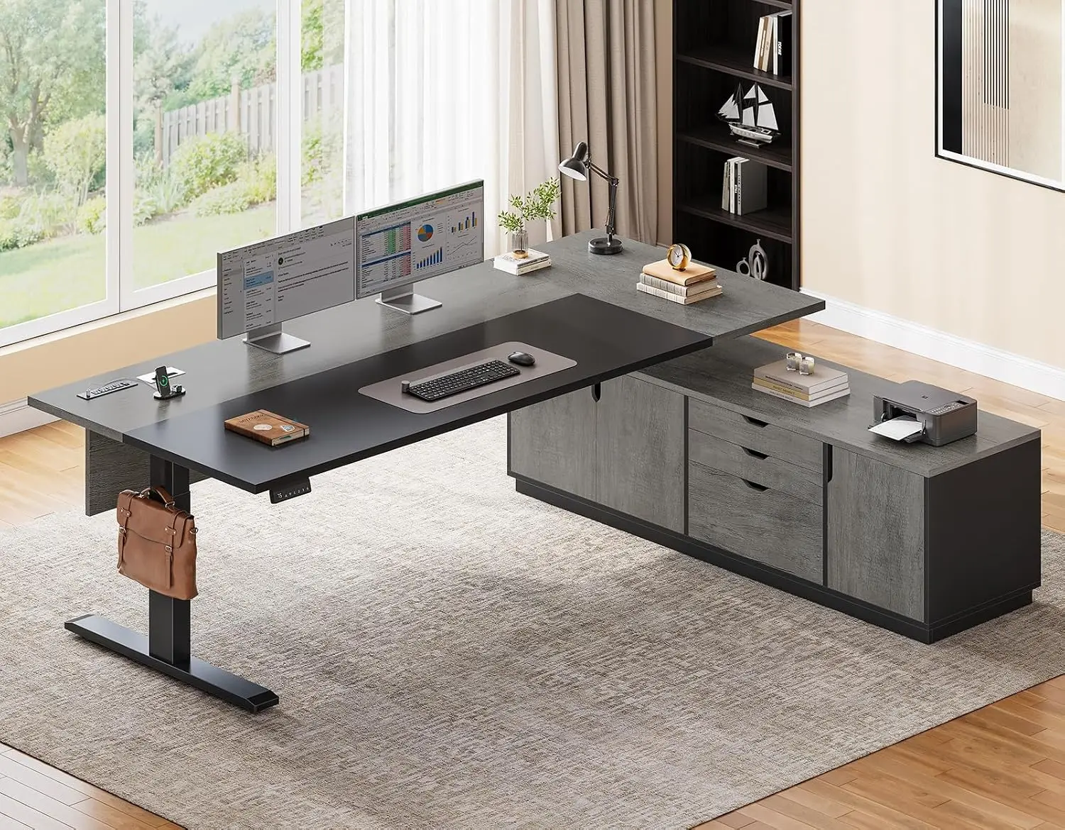 L Shaped Electric Standing Desk Height Adjustable with 3 Drawers Cabinet Power Outlets Side Hook 71 Inch, Customized