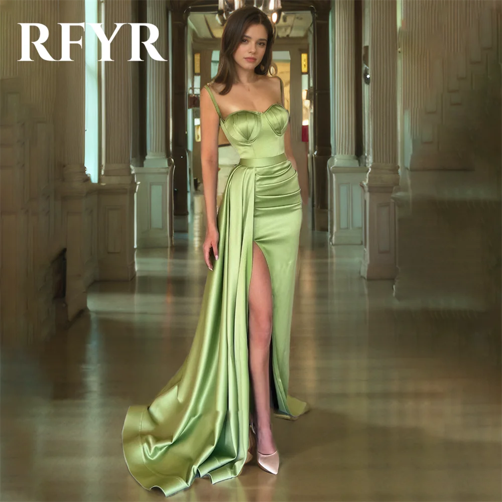 

RFYR Simple Green Evening Dress Spaghetti Strap Split Satin Pleats Mermaid Prom Gowns Sleeveless Celebrity Dresses Customized