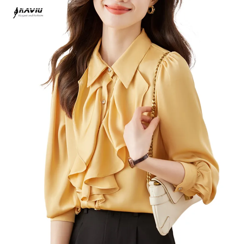 NAVIU Yellow Ruffles Shirt for Women Formal Long Sleeve Blouses Office Lady Work Tops Elegant Temperament White New