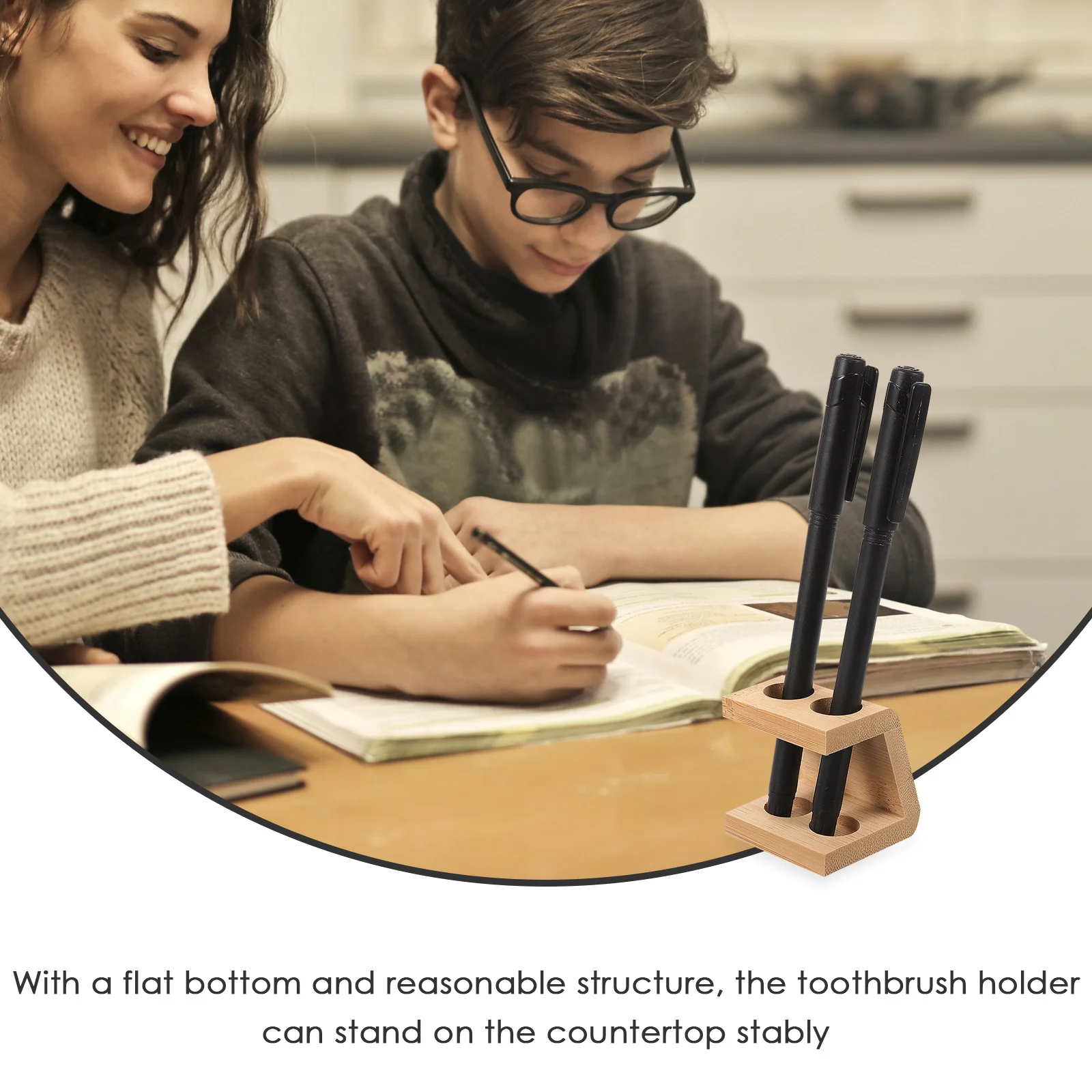 

Sturdy Bamboo Toothbrush Holder 2-Hole Pen Pencil Stand Countertop Storage Rack For Bathroom Office Dresser Easy Clean
