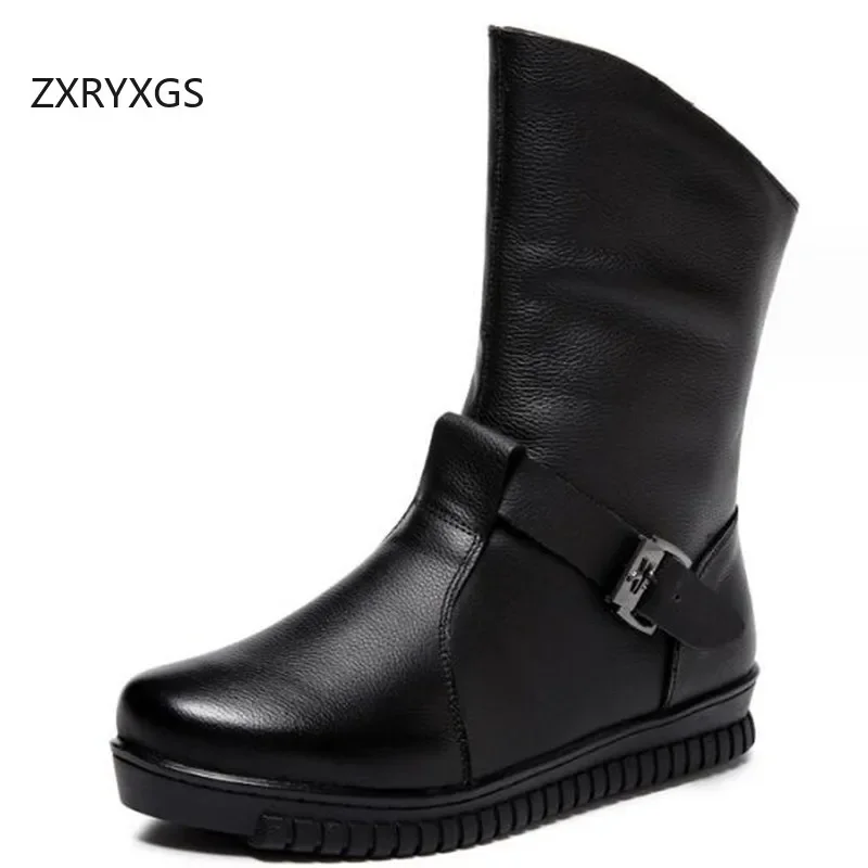 ZXRYXGS Top Layer Cowhide in-tube Boot Women Boots Single Shoes 2024 New Fashion Winter Warm Shoes Boots Flat tide Large Size 42