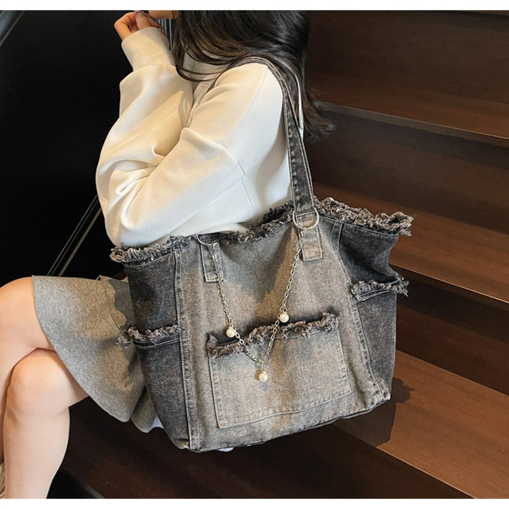 Women Washed Denim Tote Bag Frayed Raw Edge Large Capacity Shoulder Handbag Multi‑Pocket Design Pearl Chain Casual Daily Handbag