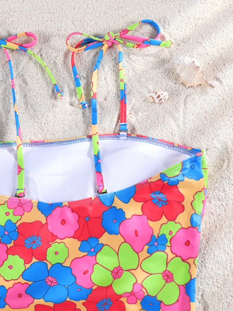 High Cut Swimwear Bandage One Piece Suits Pleated Swimsuit Women 2026 Floral Print Bathing Suit Patchwork Summer Beachwear