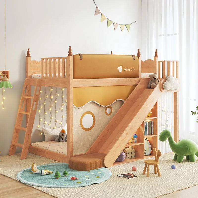 wholesale storage double kids bedroom furniture wooden bunk bed with slide