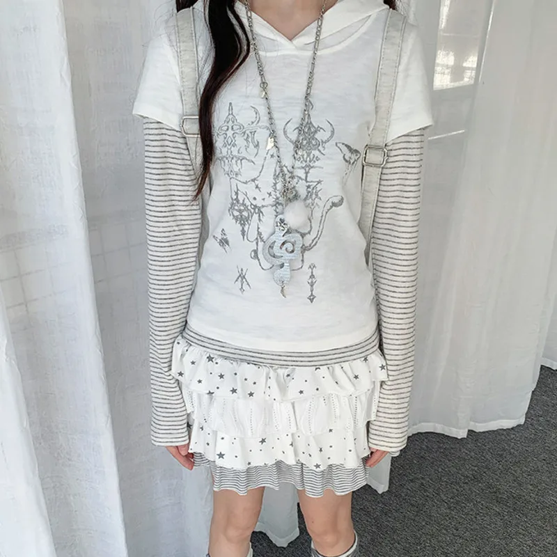 Y Demo Harajuku Y2k Two-Piece Striped Patchwork T-shirt Millennium Style Long Sleeve Tee For Women Autumn