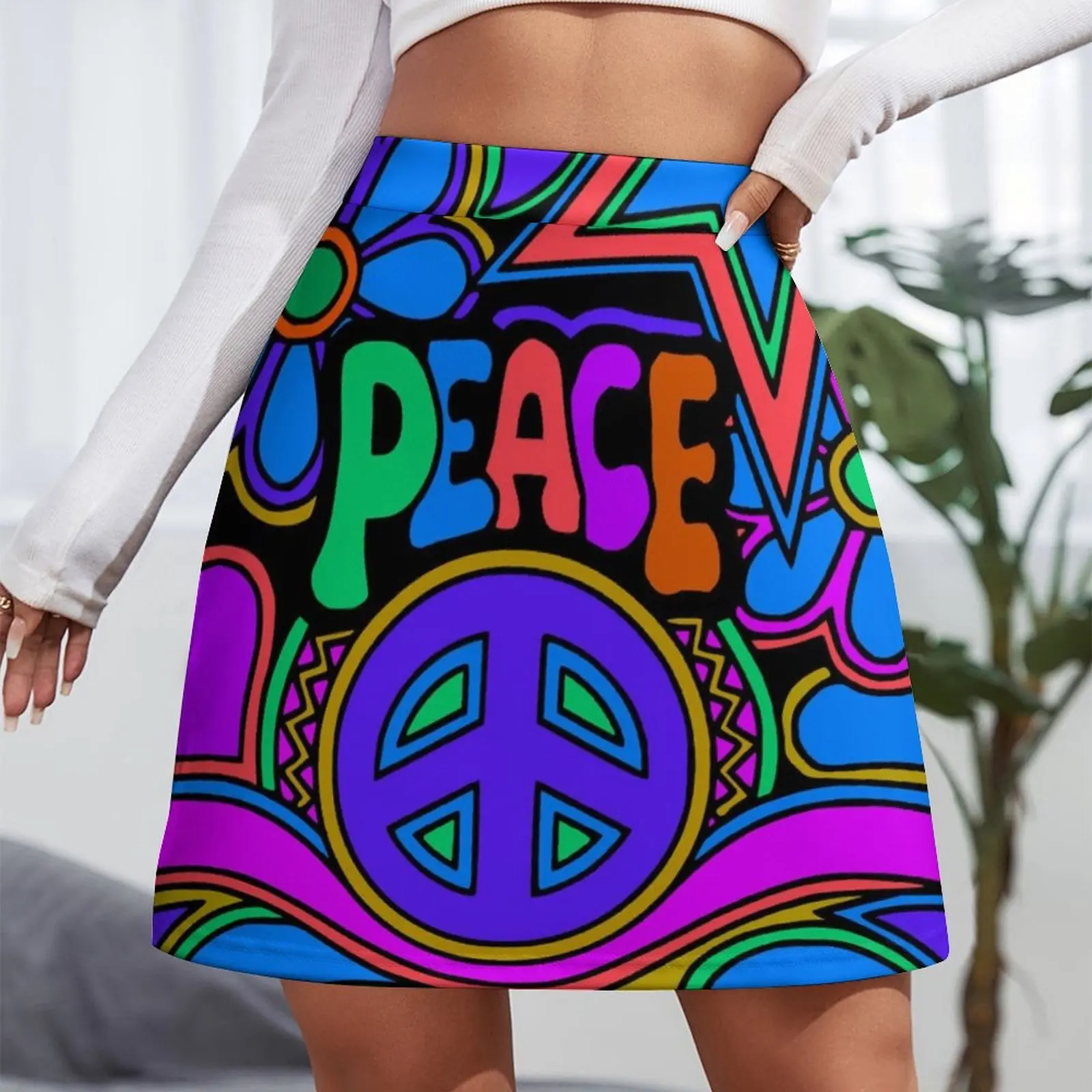 Peace and Love Flowers and Stars Hippie Design Mini Skirt summer dress for women 2025 Sexy mini skirt Mini Skirt