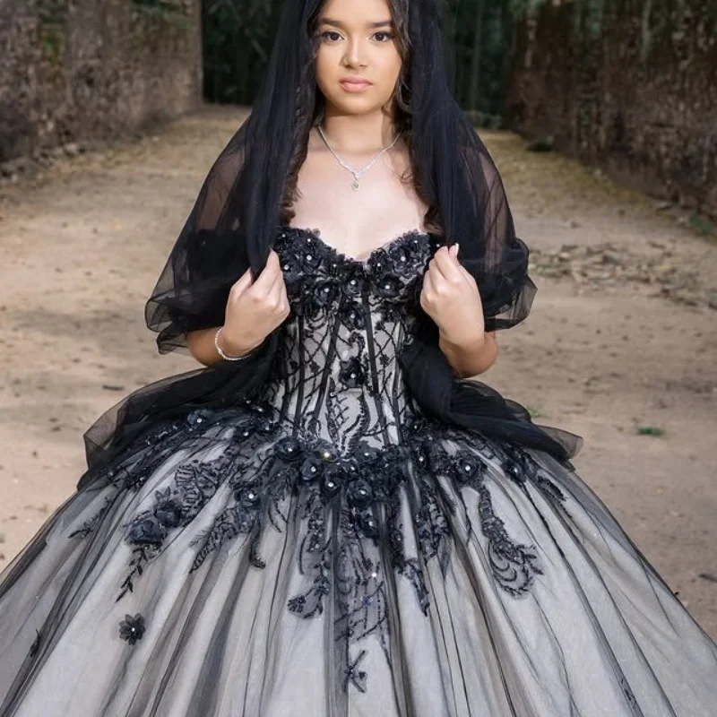 

Customized Shiny black Off Shoulder Quinceanera Dress sequin 3D flower Lace trailing vestidos de 15 Quinceanera