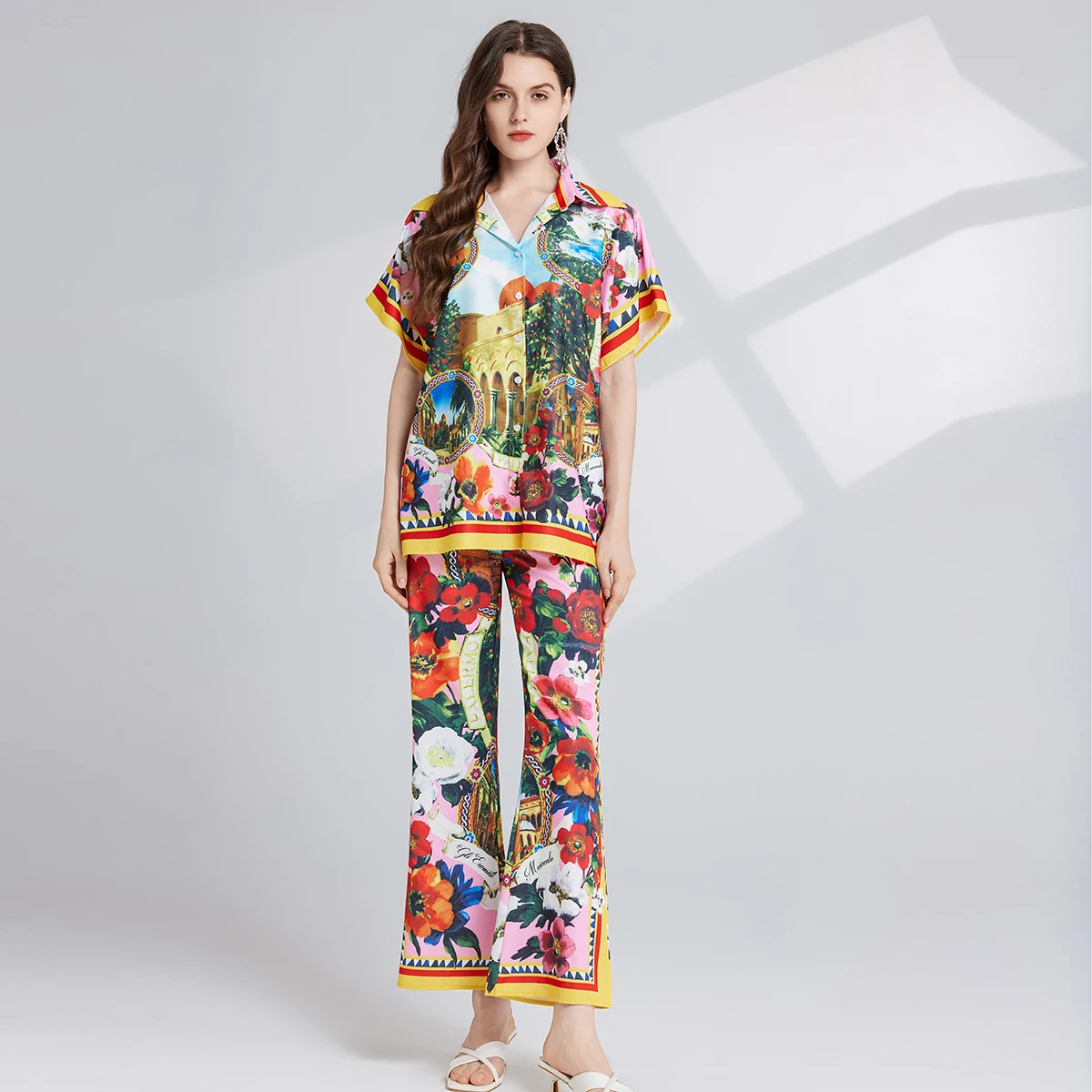 Vintage Painted Flower Print Runway Pants Suit Women\'s Turn Down Neck Short Sleeve Shirt Tops + Wide Leg Pants Two Pieces Set