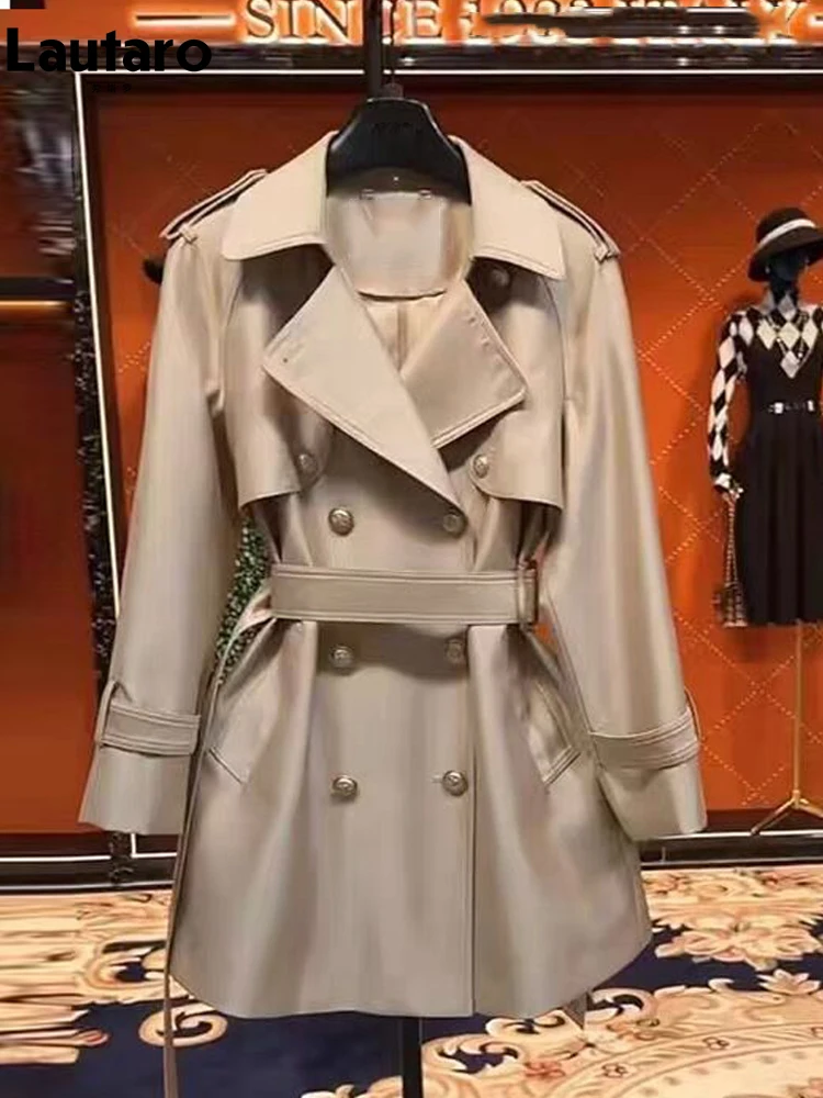 Lautaro Spring Autumn Khaki Satin Trench Coat for Women Belt Double Breasted Elegant High Quality Luxury Designer Clothing 2024