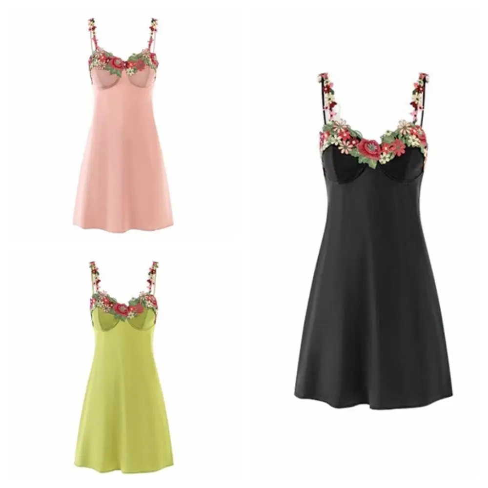 Женское пижамное платье с цветочной вышивкой, красивая спина, атласная шелковая ночная рубашка на подтяжках, тонкая одежда для сна