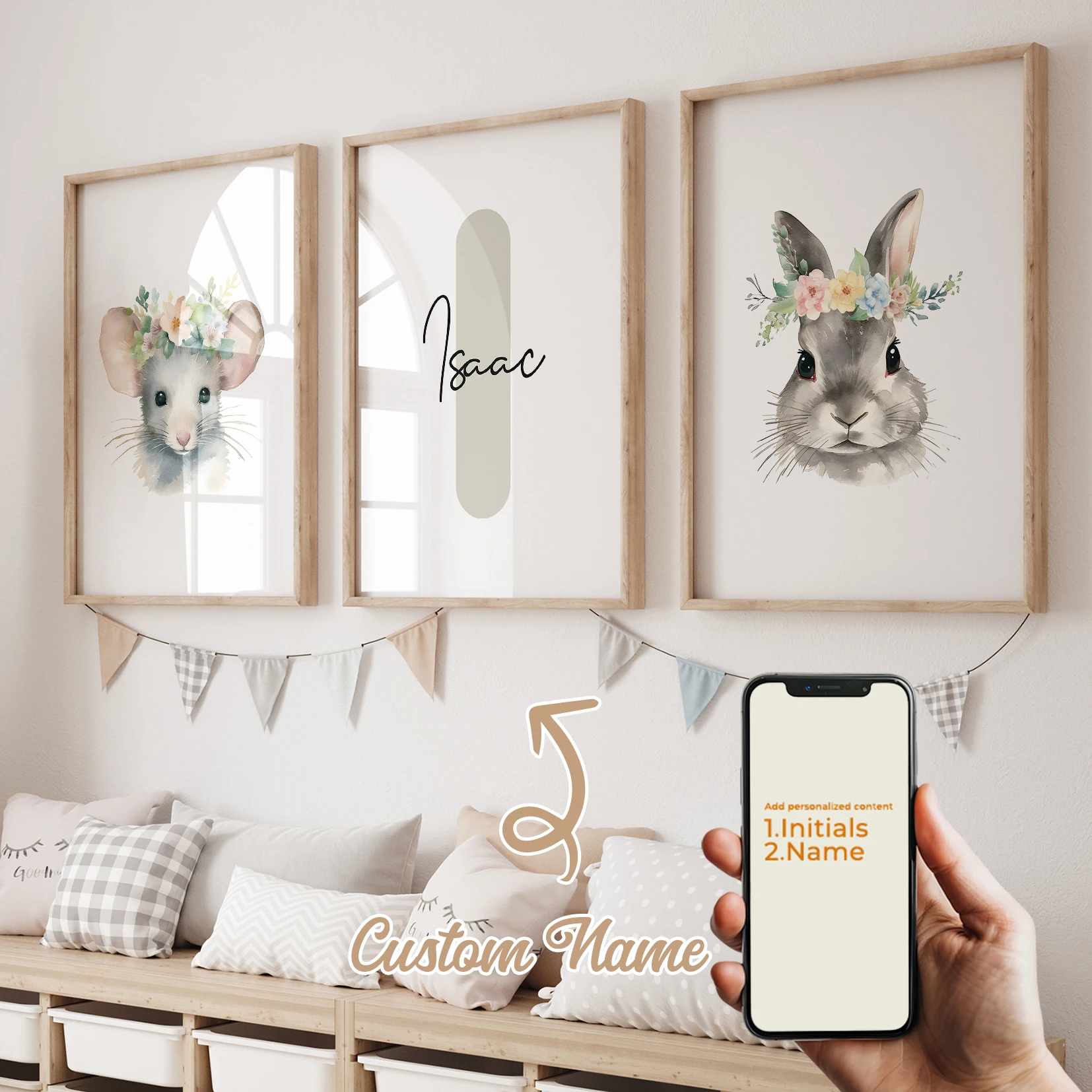 

Modern Personalized Name Custom Cute Mouse Rabbit flower Wall Art Print Canvas Painting Poster Picture For Kids Room Home Decor