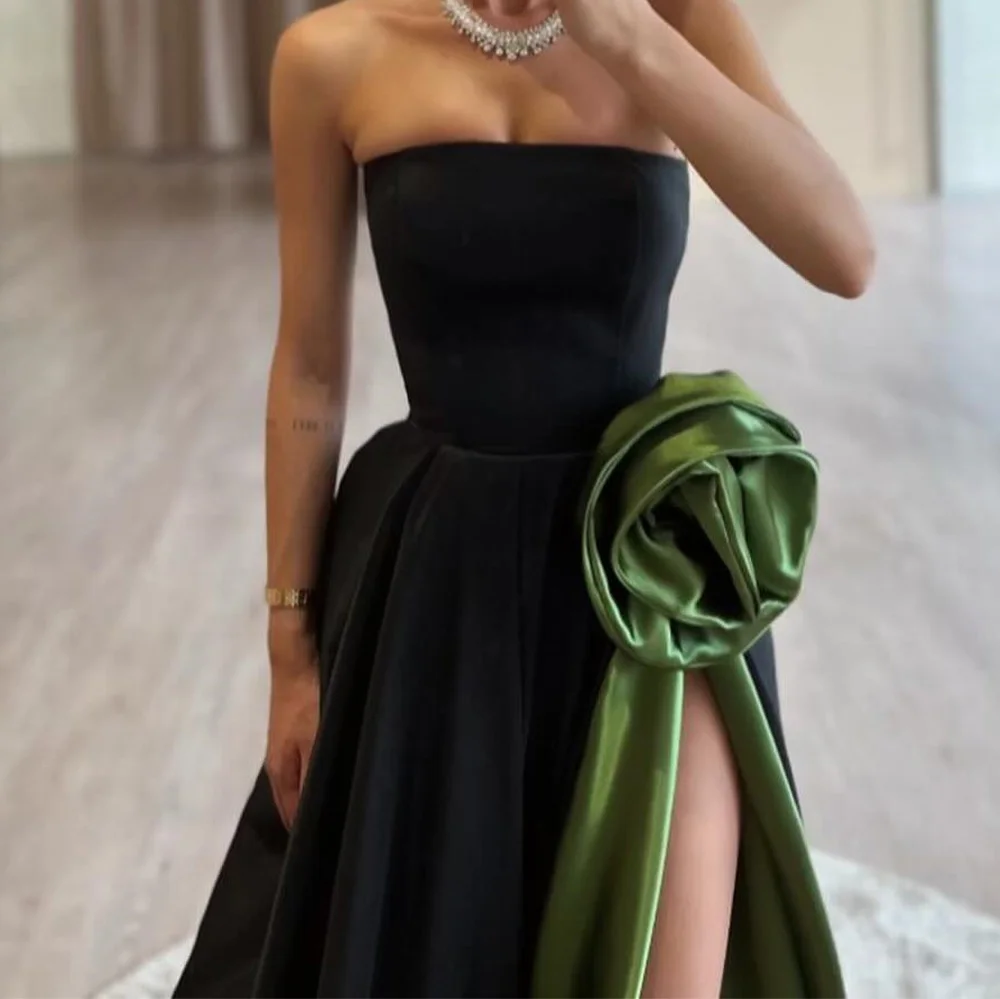 Customized Exquisite Contrast Color Strapless Floor Length Side Slit A-Line Evening Dress Classic Satin Sweep Train Gowns