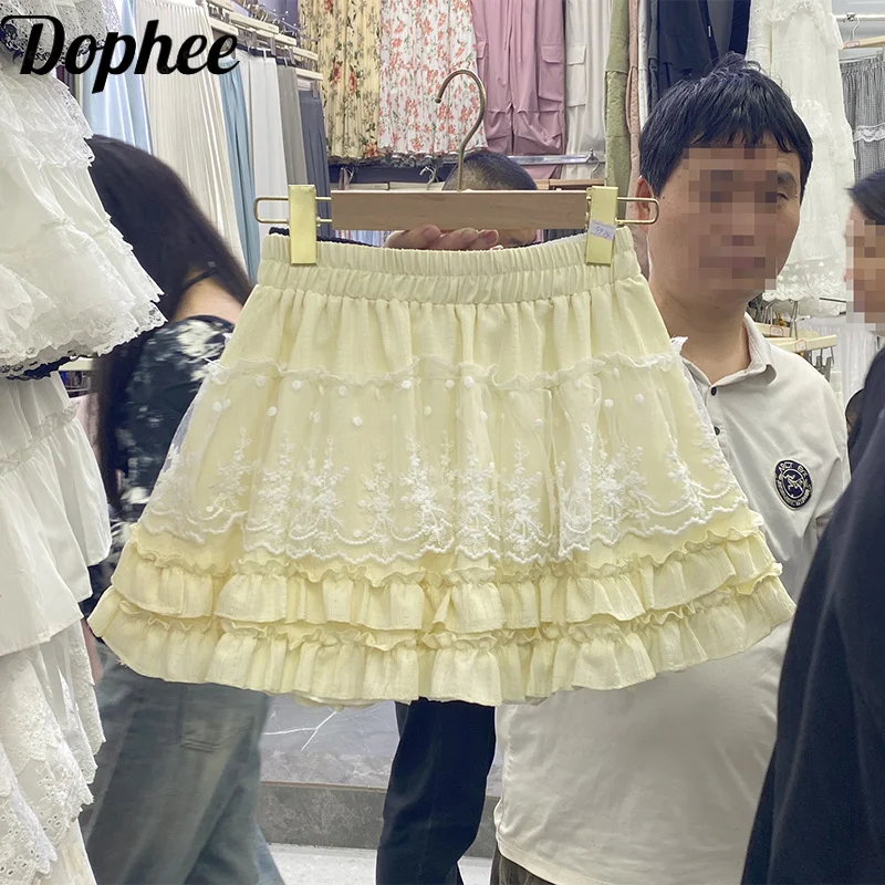 Dophee Elegant Lace Patchwork Ruffles Cake Skirt 2025 New Spring Summer All-match Elastic Waist Cute Girl Miniskirt A-line Skirt