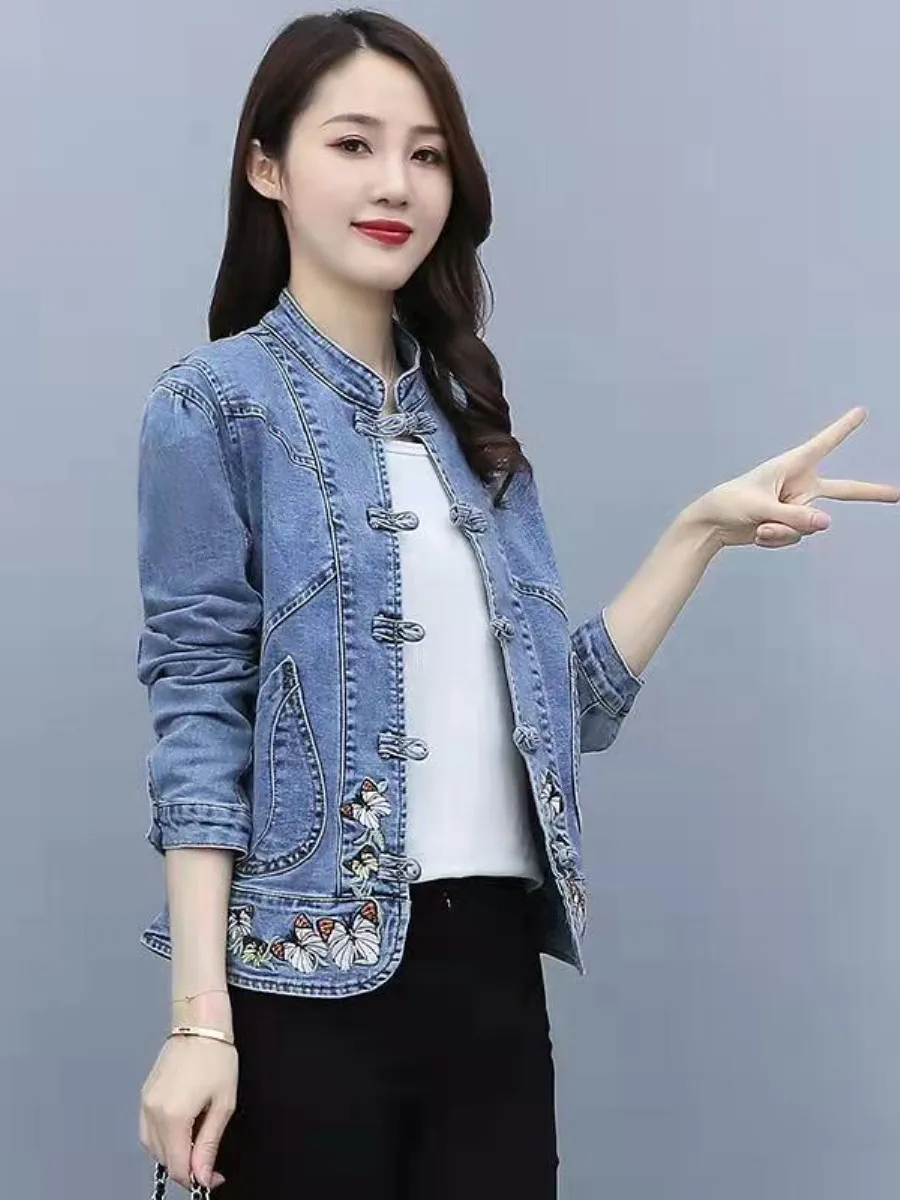 2026-spring-autumn-short-women's-jeans-jacket-embroidered-slim-fit-casual-wear-two-piece-set-korean-style-ethnic-trend