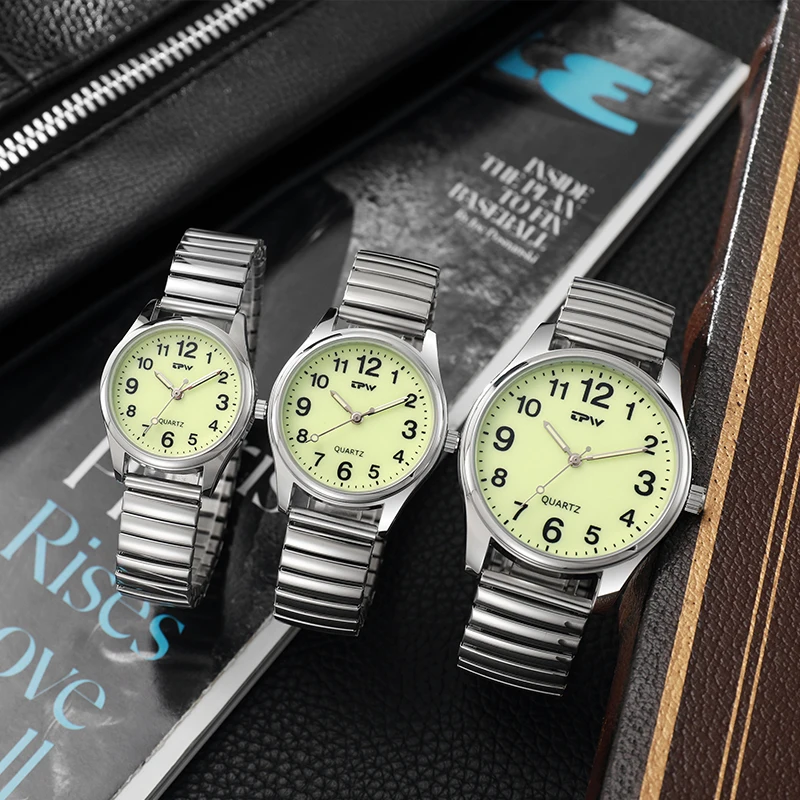 Elastic Band Elderly Watch Mineral Glass Quartz 30M Waterproof Glow in the Dark Watch Face Easy Read Dial Men Women Unisex Clock
