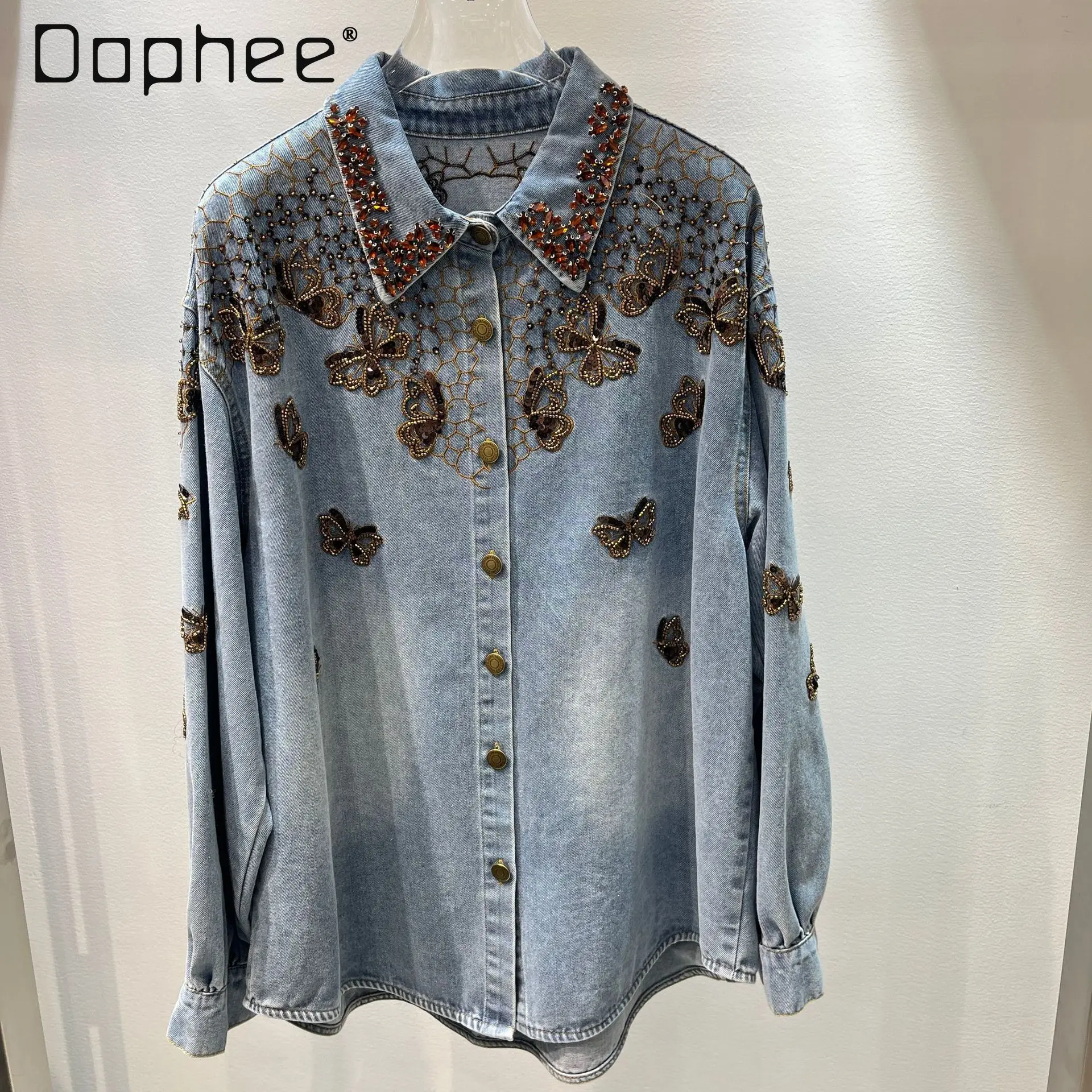 

Luxury Beaded Butterfly Denim Shirt for Women Vintage Oversized Long Sleeve Blouse High End Rhinestone Embroidery Lapel Jean Top