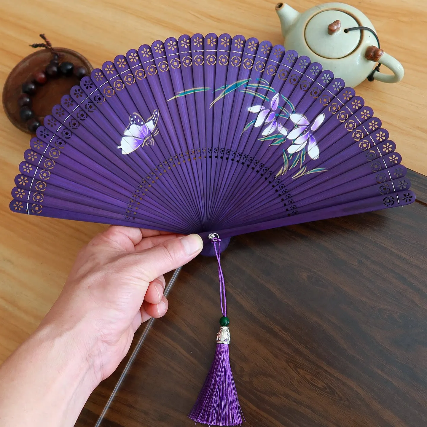 Carved Flower Pattern Bamboo Folding Fan with Tassel Portable Summer Cooling Daily Fan for Women Hanfu Cheongsam Chinese Gift