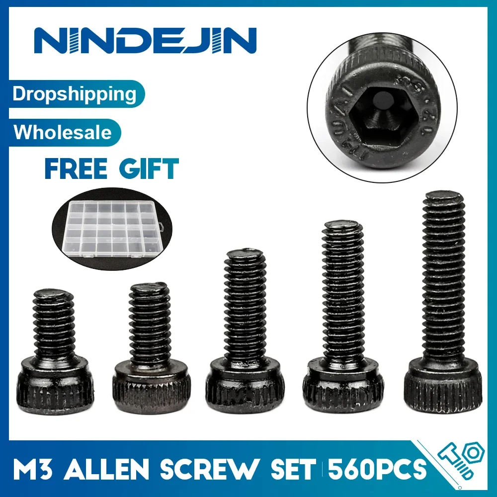 

NINDEJIN 560pcs M3 Allen Screw Bolt Set Length 4mm-40mm 12.9 Grade Carbon Steel Hexagon Socket Head Cap Screw