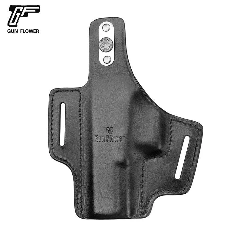 Only For Glock 17/22/31 ,Gun&Flower 2 Slot Thumb release Full Grain Leather Open Muzzle Gun Pouch,Right Hand
