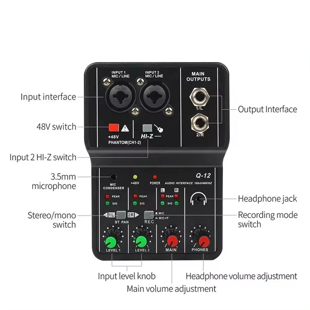 Q12 Universal Professional Audio Interface Sound Card For Computer Recording Electric Guitar Studio Singing Audio Equipment