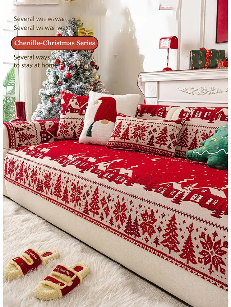 Weihnachtsatmosphäre Chenille-Sofabezug Ganzjahres-Sofabezüge Rutschfeste und Katzenresistente Stoffbezüge Maschinenwaschbare Sofakissen – Detail 2