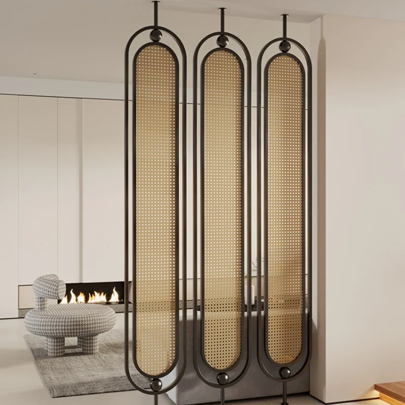 Rattan glass screen partition, living room entrance door blocking the entrance, simple modern wabi sandy retro